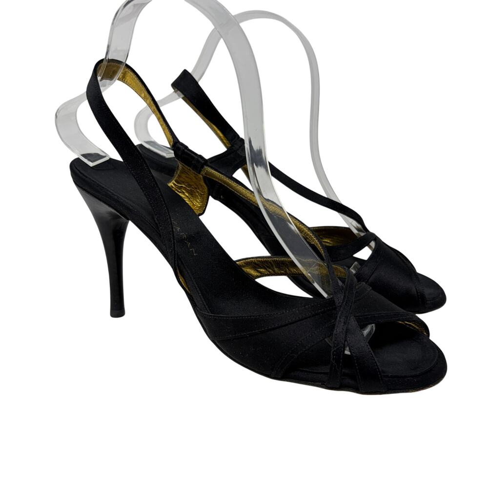 Donna Karan Slingback Peep Toe Pumps Womens Size 9.5 Black Satin Strappy